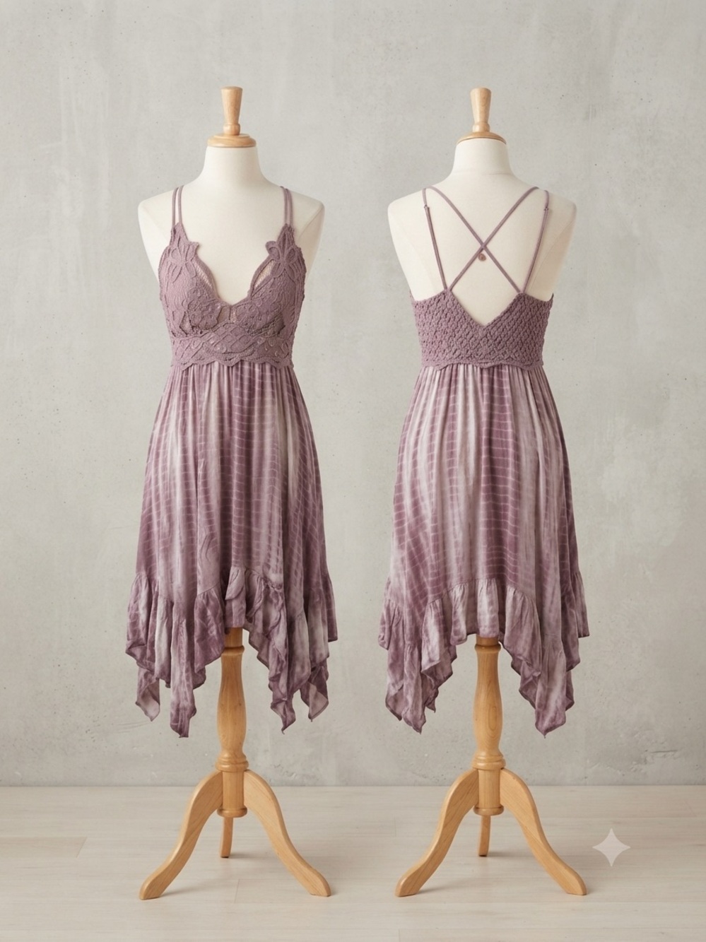 Lace Bodice Handkerchief-Hem Mini Dress in Mauve